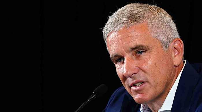 PGA Tour commissioner Jay Monahan addresses the media during a press conference at East Lake Golf Club prior to the 2023 Tour Championship.